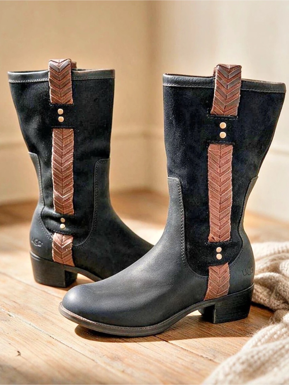 UGG Jaspan Black Leather Suede Braided Riding Boots Boho Western Mid Calf Size 6